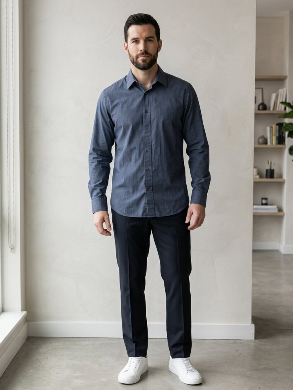 Calvin Klein Men's Medium Modern Fit Navy Pinstripe Long‎ Sleeve Button Down